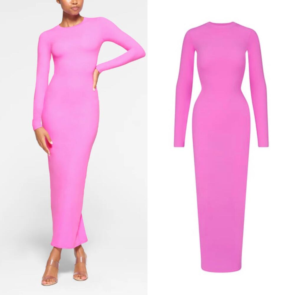 RARE NWT SKIMS FITS EVERYBODY CREW NECK LONG SLEEVE DRESS IN NEON ORCHID SIZE M